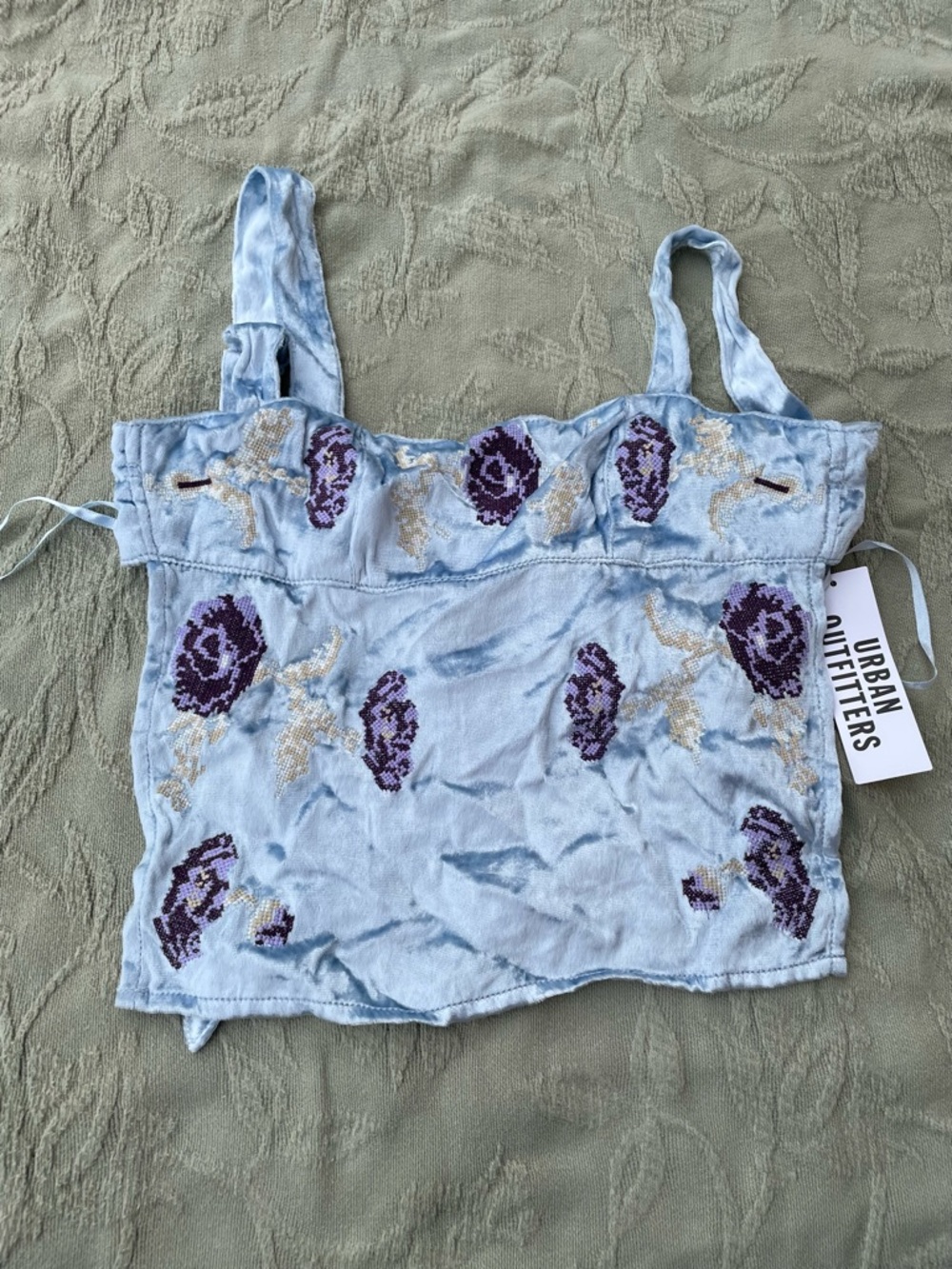 Kimchi Blue | Urban Outfitters Light Blue Embroidered Velvety Backless Tank Top